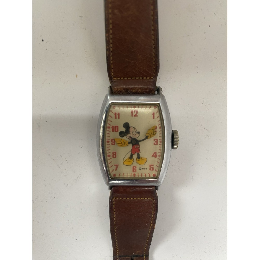 VTG 1930-1940 Disney Mickey Mouse Watch Genuine Leather *AS IS BROKEN* Wind Up
